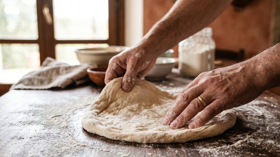 Hands shaping pizza dough